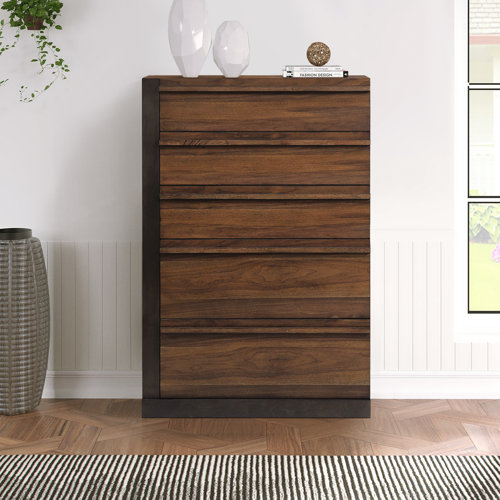 Deayra Walnut and Black 5-Drawer Chest